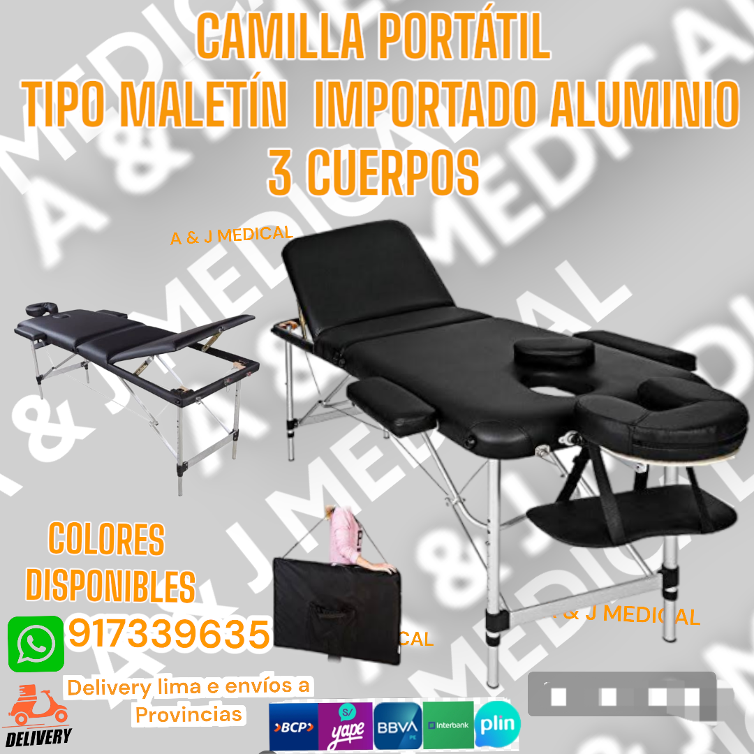 Camilla de aluminio reclinable portátil Camilla de aluminio portátil para masajes es plegable y reclinable. Abatible hasta 70 grados. Pesa 15 kilos y resulta ideal para fisioterapia, estética, acupuntura o masajes. Tensores metálicos de alta resistencia para la estabilidad.Camilla cómoda y multifuncional. Además, cuenta con una altura regulable. Estructura de aluminio, viene con maletín.  Destaca por su ligereza para el transporte (apenas pesa 15 kilos) y su firmeza. Plegable en dos posiciones, es capaz de soportar un peso máximo de 150 kilos y es ideal para el masajista profesional que necesita de una herramienta estable y ligera. La altura es regulable para la comodidad del masajista. Entre 63 y 70 centímetros Está diseñada especialmente para las terapias clínicas profesionales, centros de masajes e incluso para uso personal. Todo el conjunto se compone de la camilla de masaje.   Características:   Reclina hasta 70 grados Altura regulable Producto importado  72 centímetros de ancho Longitud máxima de 182 centímetros Cabezal regulable y desmontable Bandeja apoyabrazos y apoyabrazos laterales Espuma de alta densidad Tapizado de vinilo resistente al agua y el aceite Estructura robusta de aluminio Peso máximo permitido de 100 kilos Incluye maletín